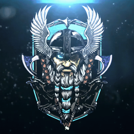 Viking warrior emblem with wings and glowing eyes.