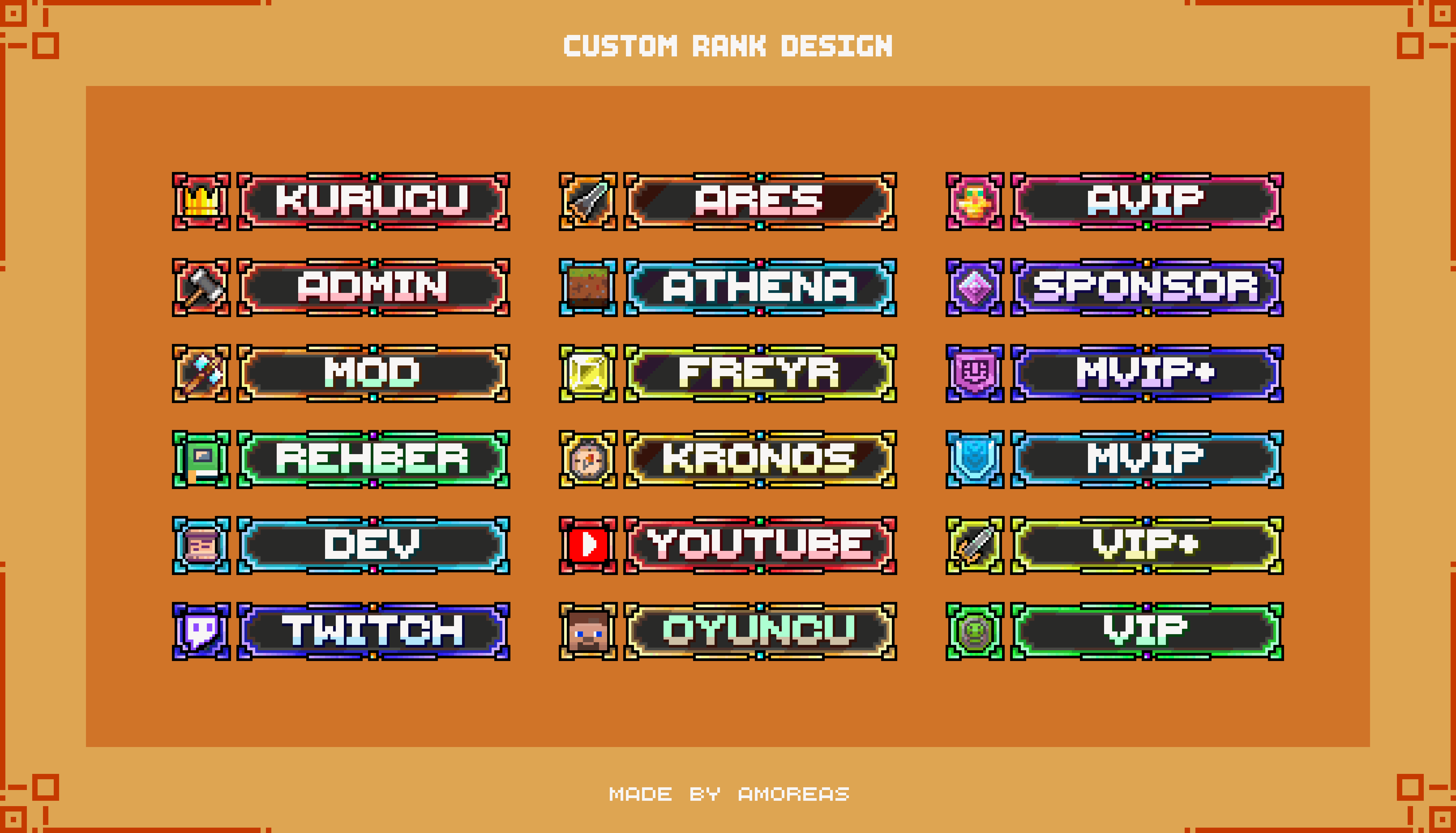 Pixel art custom rank design with various colorful badges.