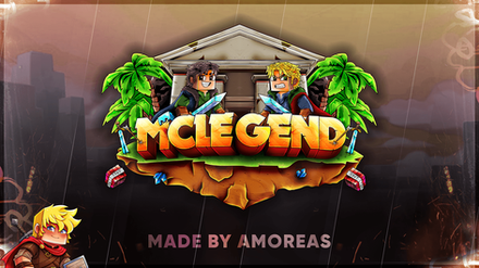 Minecraft-themed logo with characters and tropical elements.