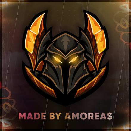 Golden armored helmet with glowing eyes, "Made by Amoreas."