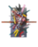 Abstract artwork with colorful, jagged strips and crumpled metal-like surface. Dominant colors include red, yellow, and blue. Spontaneous mood.