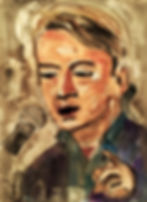 A watercolor painting of a person speaking into a microphone. The subject wears a dark suit, with expressive features. The background is abstract.