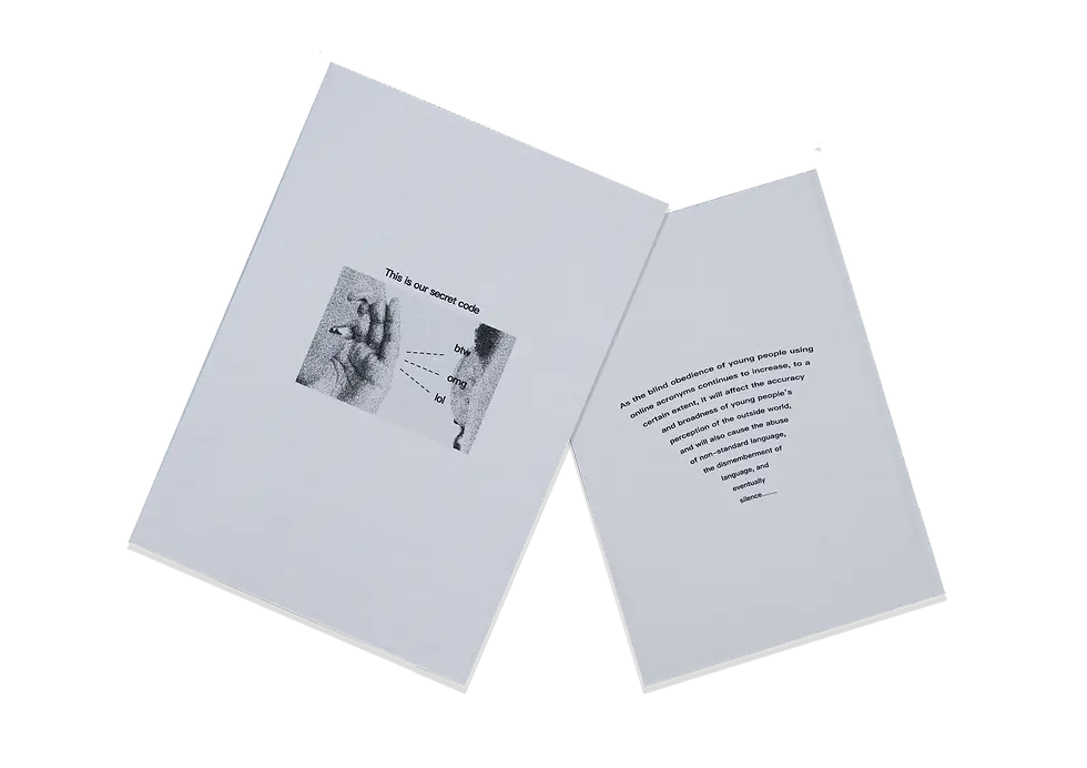 Two open white pamphlets. One shows a code with arrows labeled "btw," "omg," "lol." The other has curved text about online acronyms.