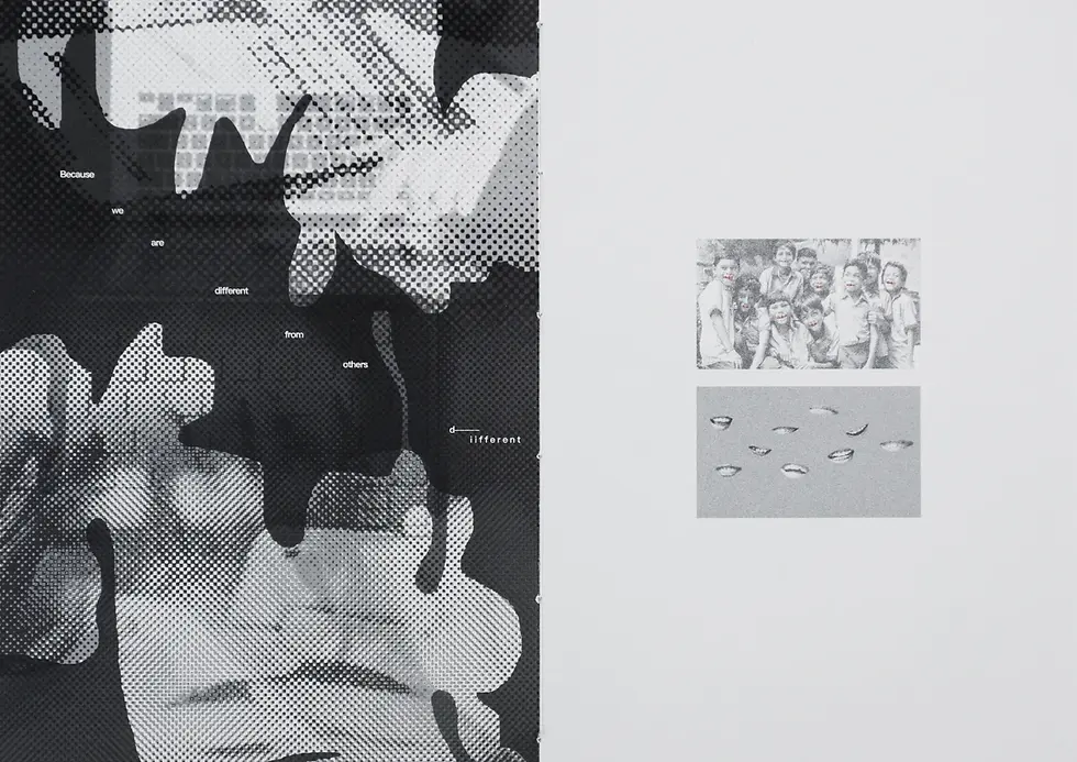Black abstract pattern overlays grayscale collage with children and text "Because we are different from others." Mysterious mood.