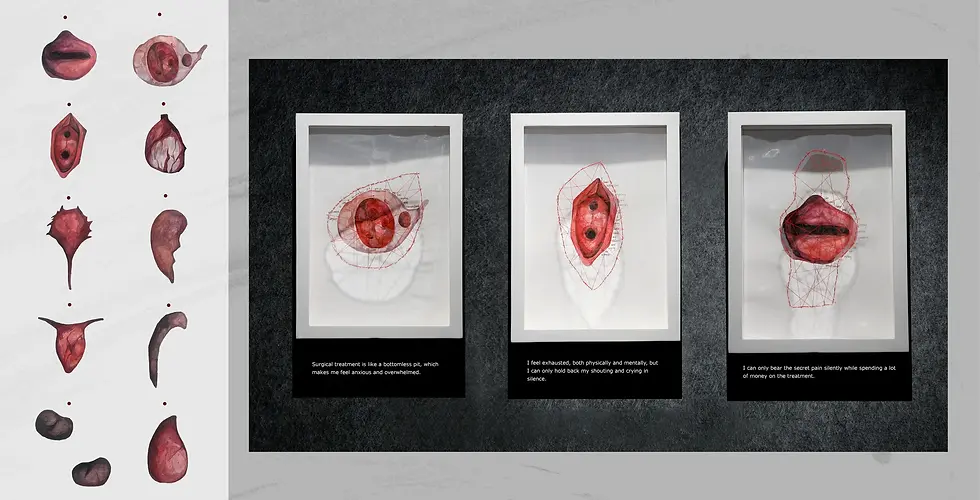 Three framed abstract artworks depicting red organic forms with text captions below each, against a dark background. Left panel shows similar shapes.
