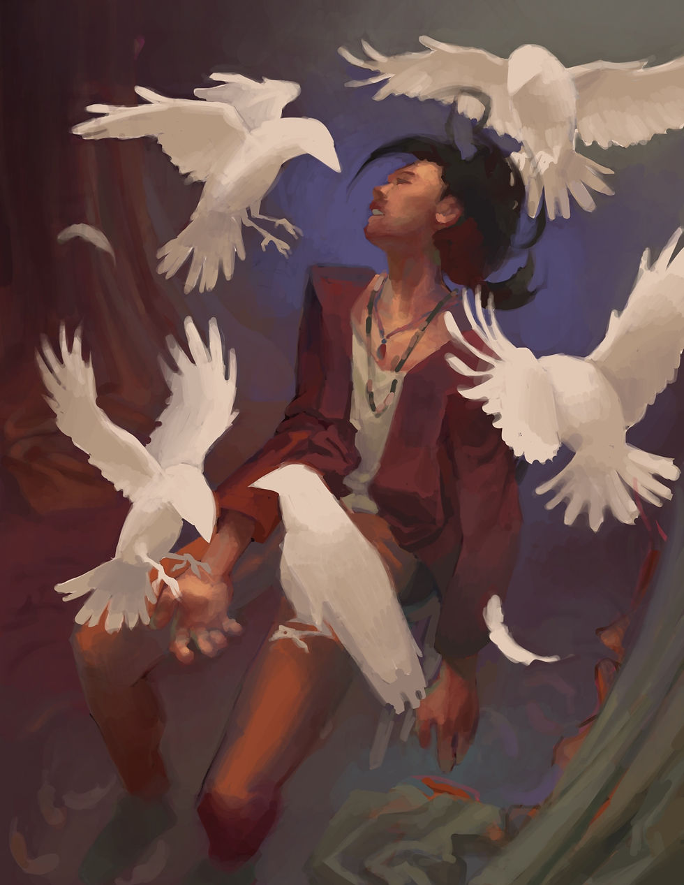A person with dark hair and a red jacket is surrounded by white birds in a dramatic, colorful setting, evoking a sense of freedom.