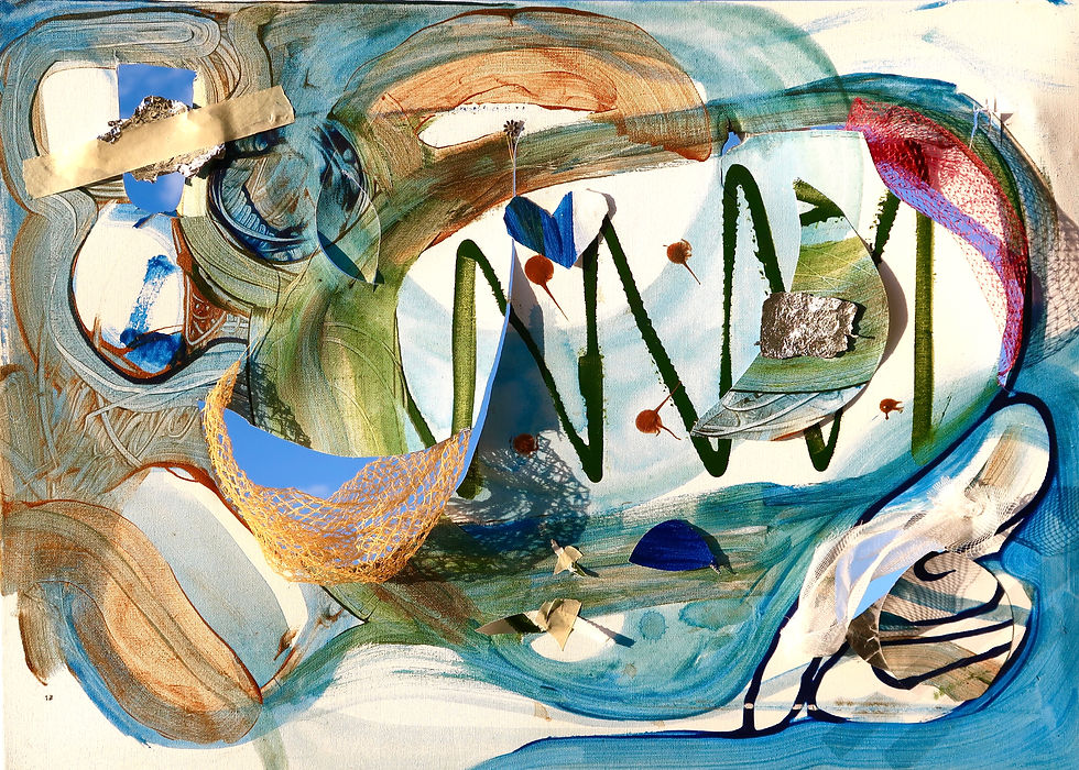 Painting with brown undertones, abstract, with lines in black and orange fish nets