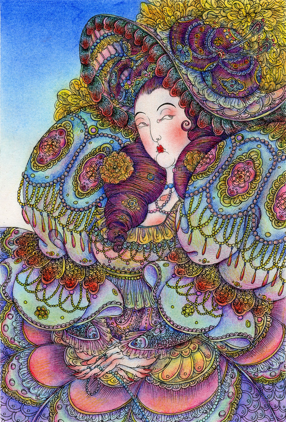 Ornate figure in colorful, patterned attire with elaborate hat and jewelry, set against a gradient blue background, exuding elegance.