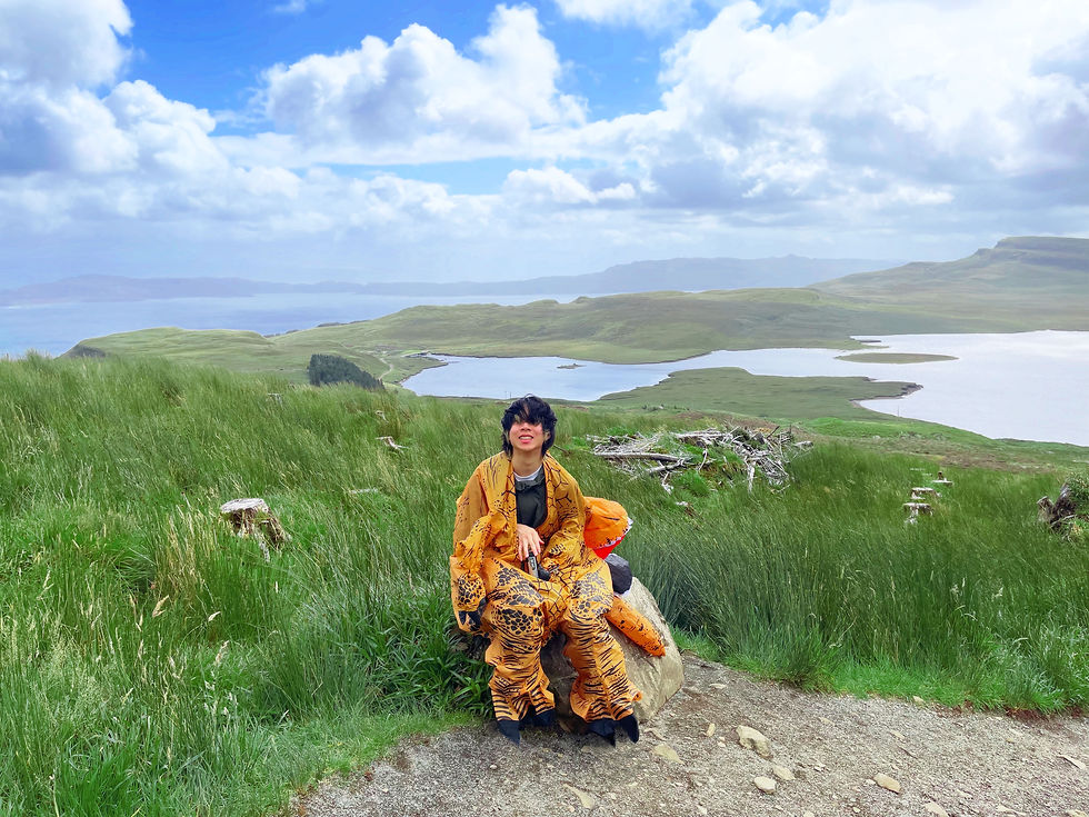 Person in an orange patterned outfit sits on a rock in grassy hills, overlooking lakes and a cloudy blue sky.