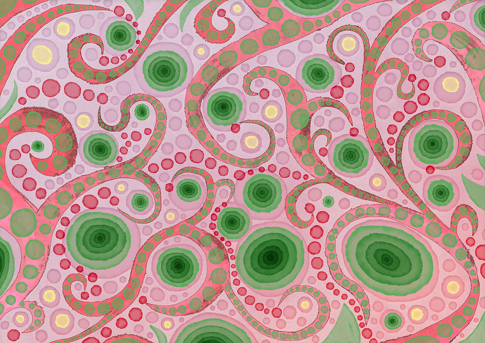 Abstract pattern with swirling green and red dots on a pink background. Circular and oval shapes create a whimsical, vibrant design.