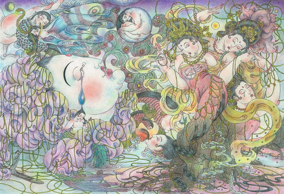 Abstract scene with celestial figures, flowing garments, and swirling patterns. Vibrant colors, dreamy atmosphere, and ethereal mood.