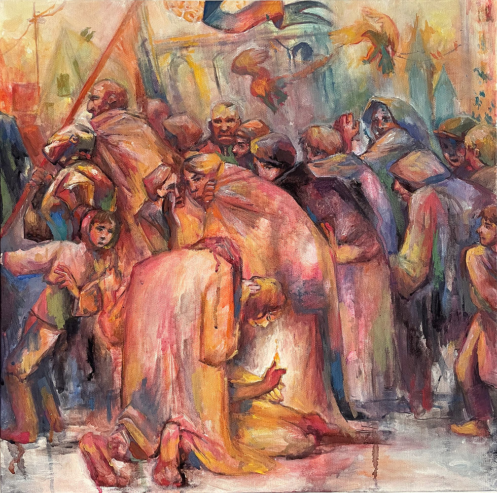 Crowd scene in warm, muted colors. A person kneels with a candle, surrounded by somber figures. Abstract, expressive background.