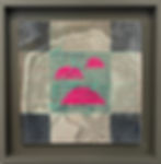 Abstract artwork with teal threads forming a grid over pink semicircles on a gray marbled background, set in a deep brown frame.