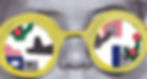 Yellow glasses with collage artwork of houses, trees, and a plane reflected in lenses. Grayscale nose and face form the background.