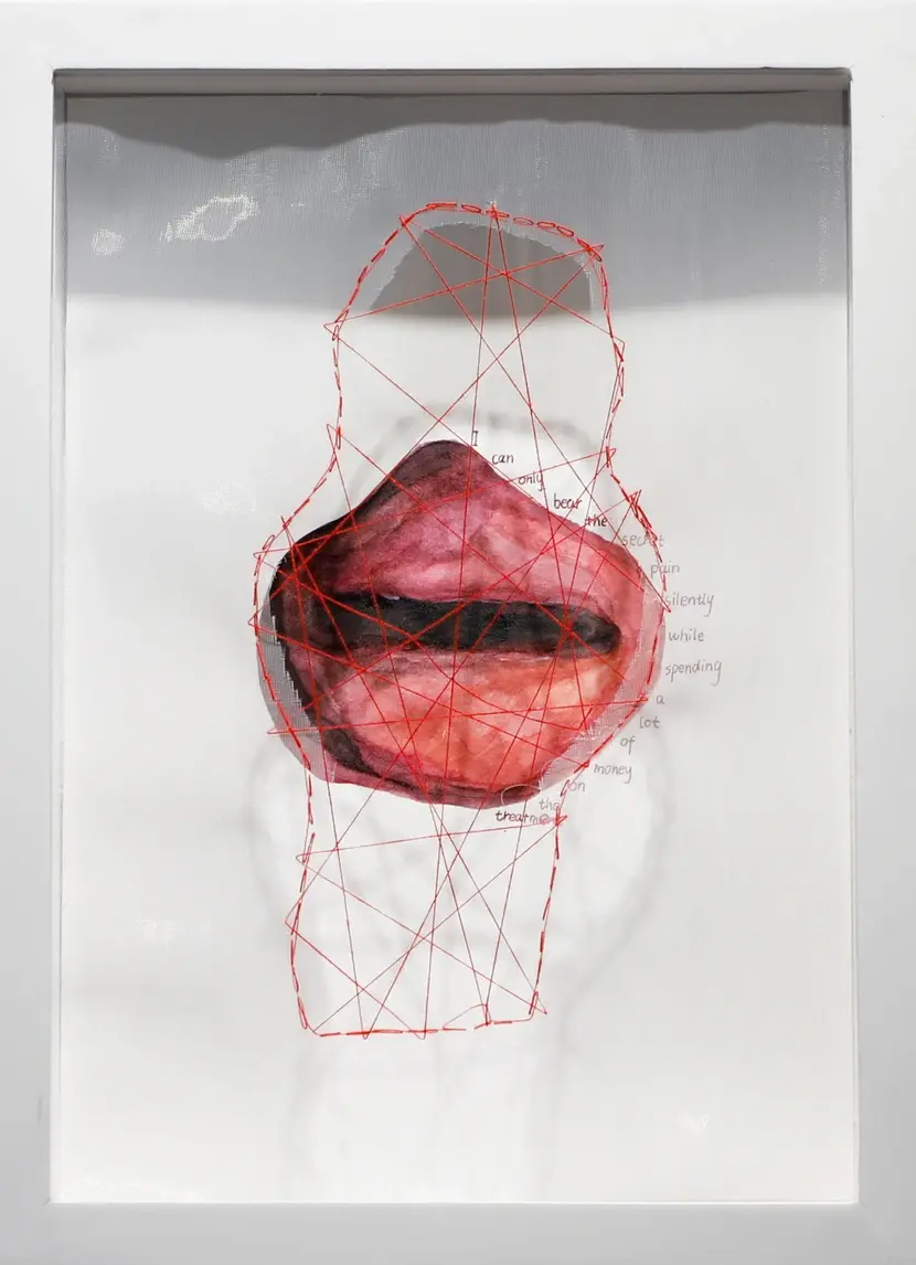 Abstract artwork featuring red lips and red thread forming a silhouette. Text surrounds the lips on a white background, creating a complex mood.