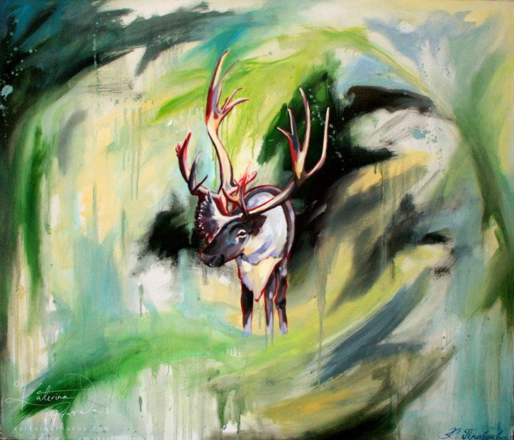 A colorful painting of a reindeer with vibrant antlers. The background is an abstract mix of green, blue, and beige, creating a dreamlike scene.