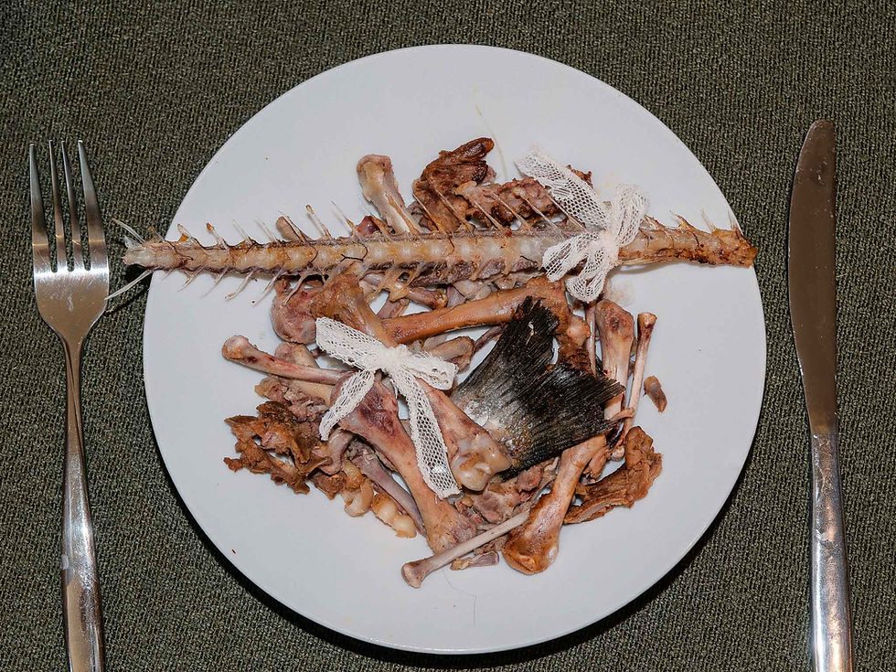 Plate with fish and chicken bones tied with lace, fork and knife on sides, on a green tablecloth, creating a quirky, artistic setup.