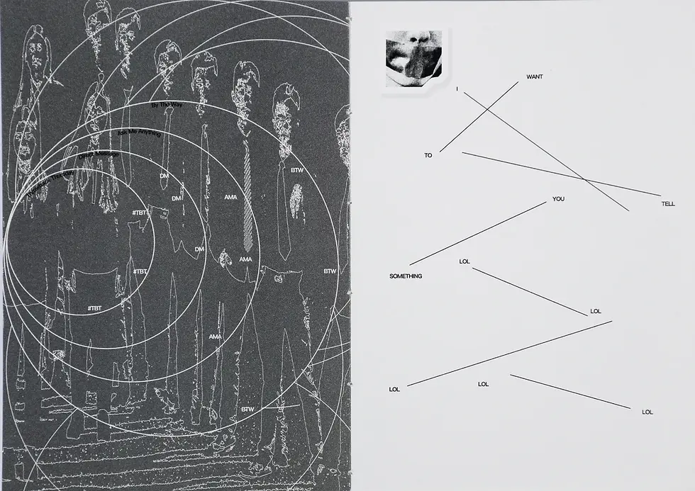Abstract artwork with outlined figures, circles, and text like BTW, AMA. Right side features lines connecting words, creating a geometric pattern. Black and white theme.