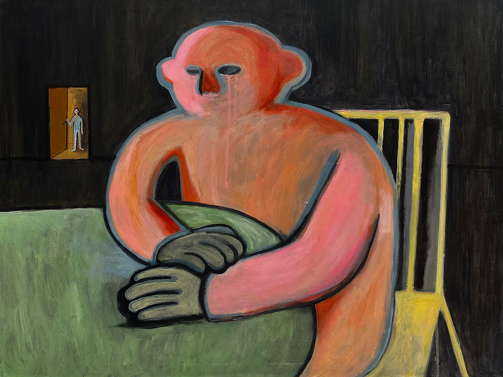 Abstract painting of a large pink figure with a somber expression sitting at a green table. A small figure stands in a door in the dark background.