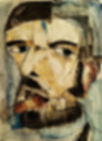 Cubist-style painting of a man's face, fragmented shapes, earthy tones with hints of blue. Intense expression, cigar in mouth.