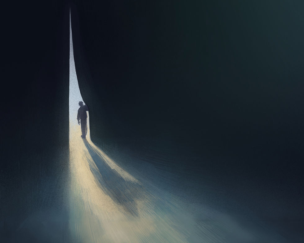 Silhouetted person walking towards light through narrow gap; dark surroundings, long shadows, serene and mysterious atmosphere.