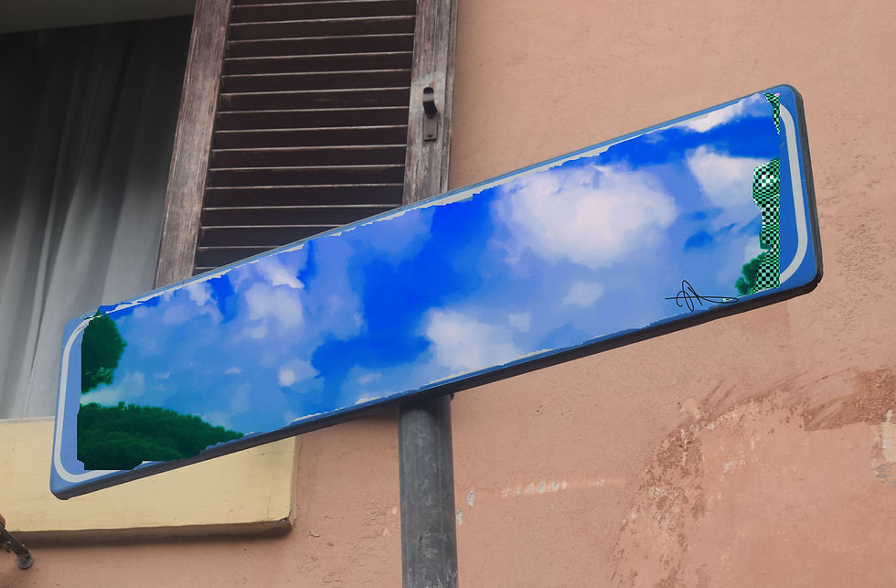 Street sign displaying a blue sky with clouds, set against a beige wall with a wooden shutter and window. Artistic, surreal vibe.