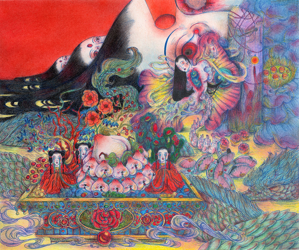 Surreal scene with colorful foliage, a woman in vibrant attire, and mysterious eyes on a mountain backdrop. Intricate patterns and vivid hues.
