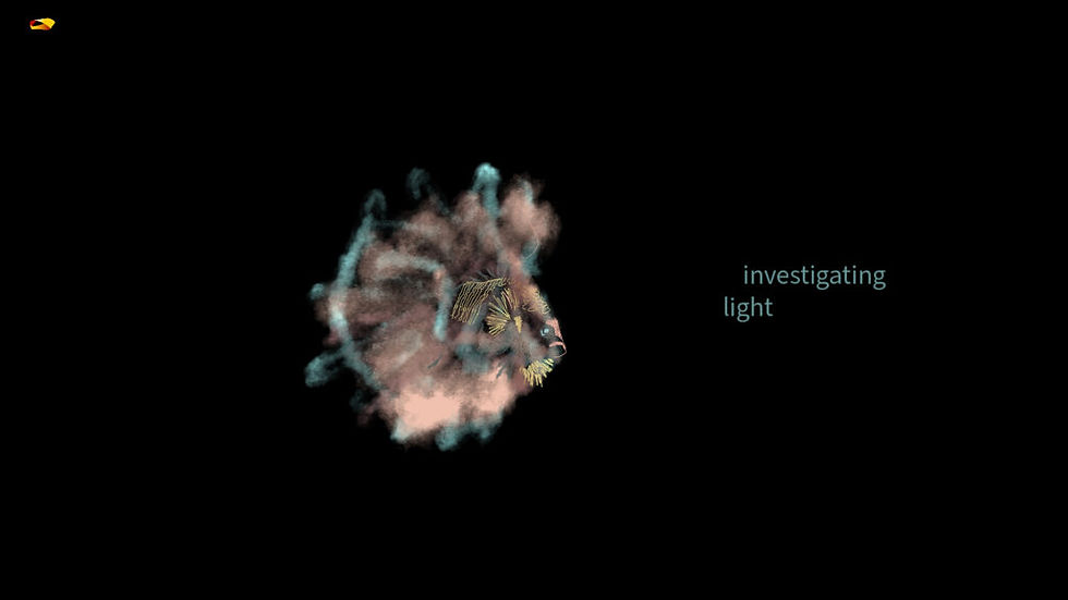 Cloudy blue and pink shapes center on a dark background. A small creature appears to explore. Text reads "investigating light."