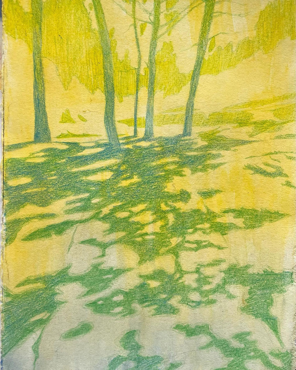Yellow and green abstract drawing of trees with shadows cast on the ground, creating a serene and calm woodland atmosphere.