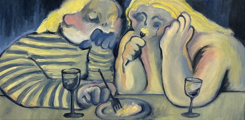 Two abstract figures sit at a table with a plate and wine glasses. One wears stripes, both eat with forks. The scene is in muted tones.
