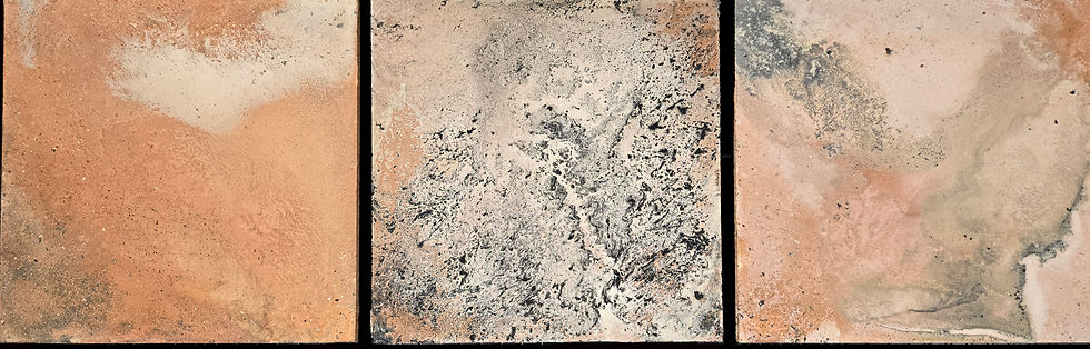 Three textured tiles side by side, featuring earthy tones of orange, beige, and black. Abstract patterns create an artful appearance.