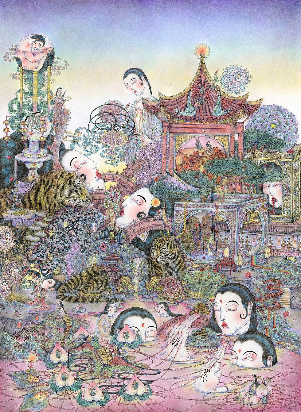 Surreal illustration of floating faces, tigers, and pagodas in vibrant colors. The dreamy scene includes Asian architecture and lush foliage.