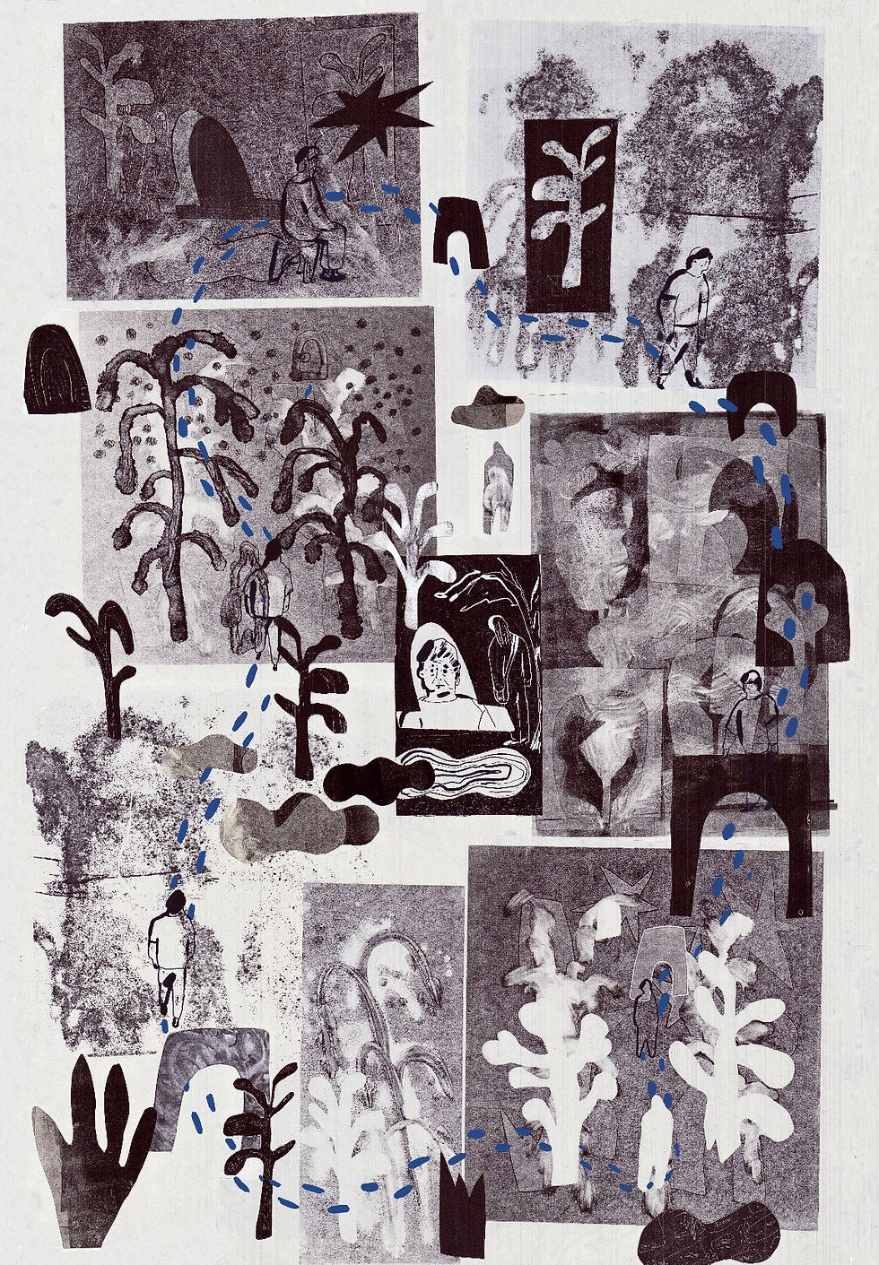 Collage of abstract trees, figures, and arches in gray tones with blue accents. No visible text, mood appears contemplative and surreal.