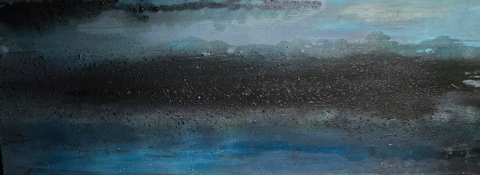 Abstract painting with a moody blend of gray, black, and blue hues. The texture appears gritty with a smooth gradient effect.