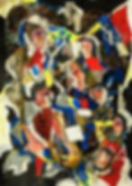 Abstract art with colorful shapes and fragments of faces on a dark background. Dominant colors are red, blue, yellow, and white. Energetic mood.