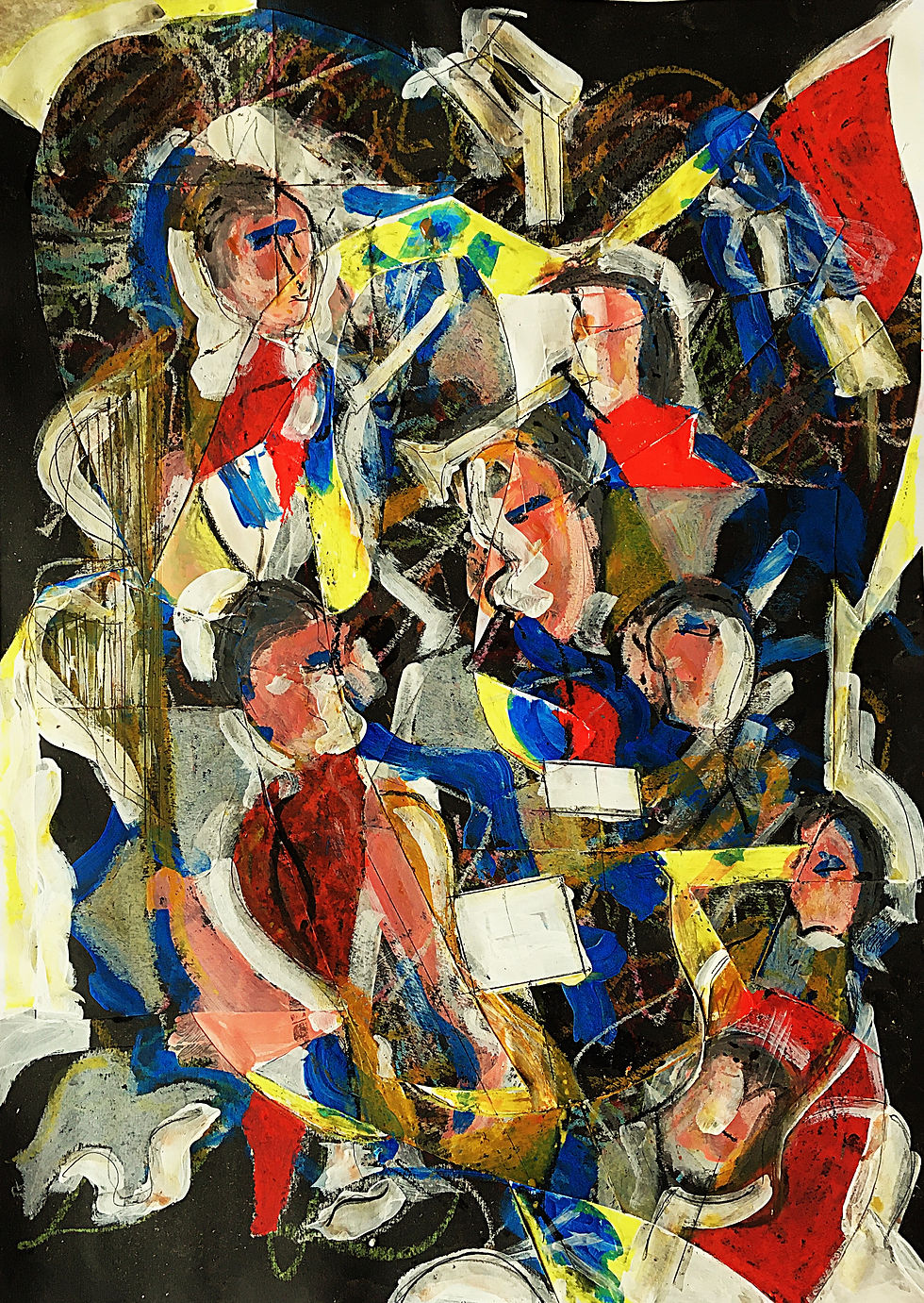 Abstract art with colorful shapes and fragments of faces on a dark background. Dominant colors are red, blue, yellow, and white. Energetic mood.