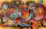 Colorful abstract painting with bold text and symbols. Words like "Johnny K picked Karen" and "EAT" appear. Vibrant mood.
