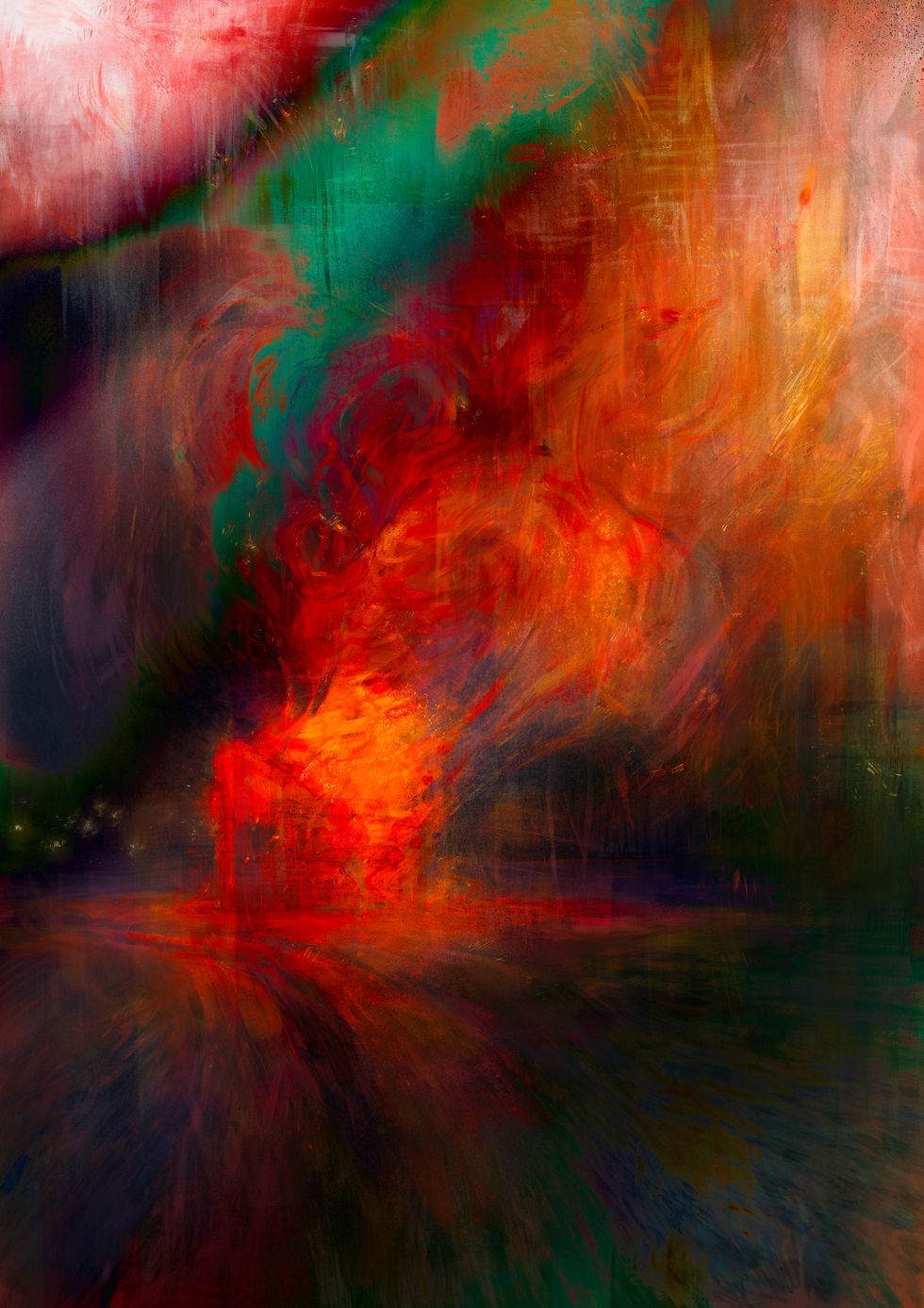 Abstract painting with swirling red, orange, and green colors creating a dynamic, fiery scene. No visible text. Energetic and intense mood.