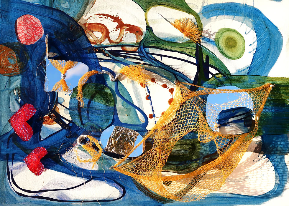 Painting with blue lines and orange nets incorporated
