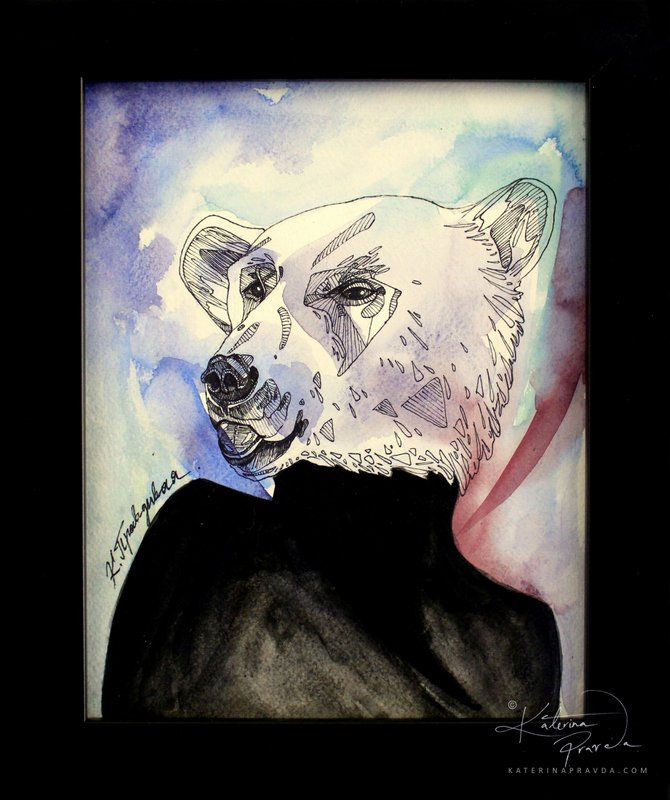 Ink and watercolor artwork of a bear's head on a human body, set against a colorful, abstract background. Signature on lower left.