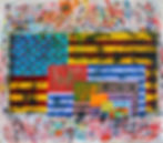 Abstract art with layered rectangles and colorful stars, stripes, and scribbles. The vibrant collage features red, blue, yellow, and orange. Mood: chaotic.