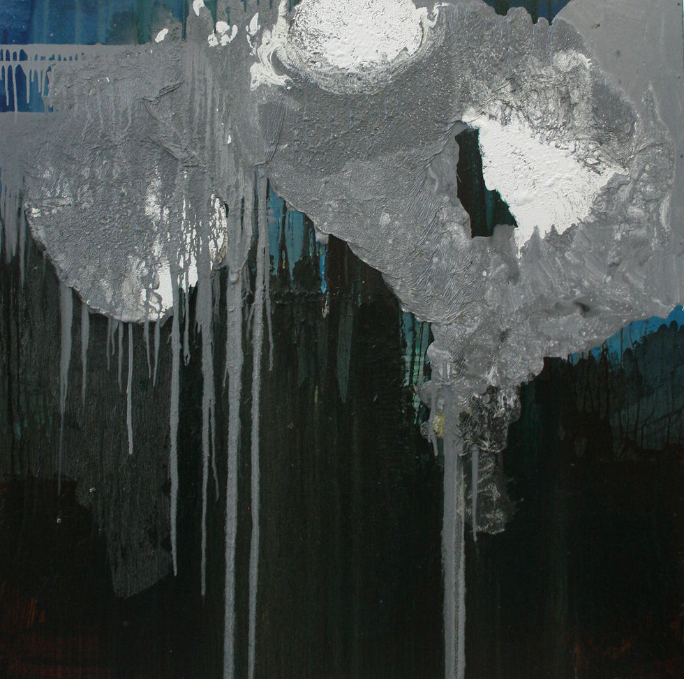 Abstract painting with textured gray and white drips over a dark background, hints of blue peeking through. Moody and expressive.