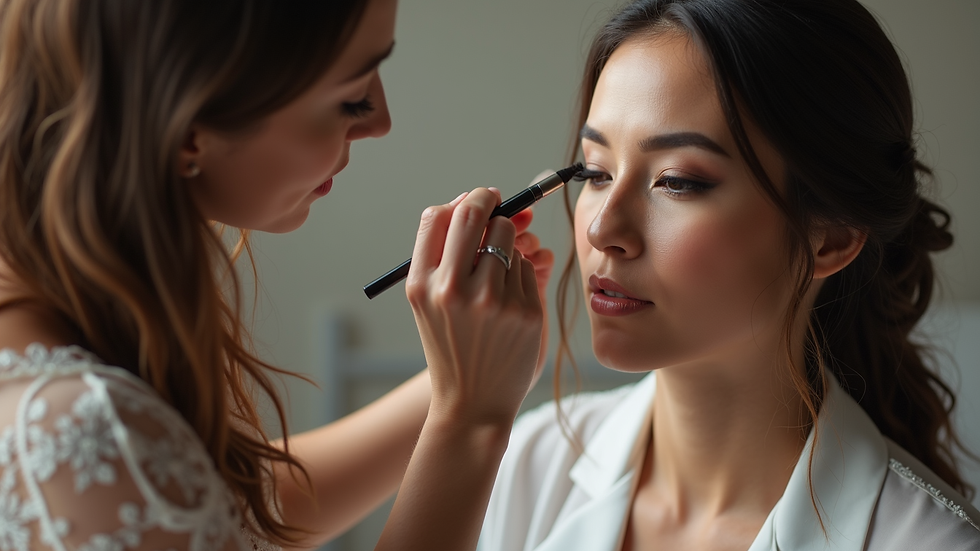 Eye-level view of a makeup artist applying bold eyeliner on a bride