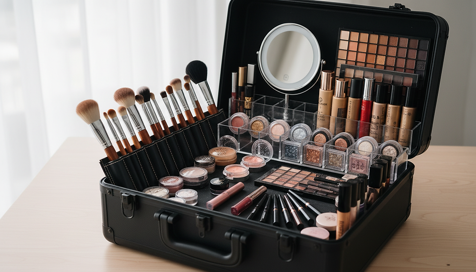 Eye-level view of a makeup artist’s kit with luxury brushes and products