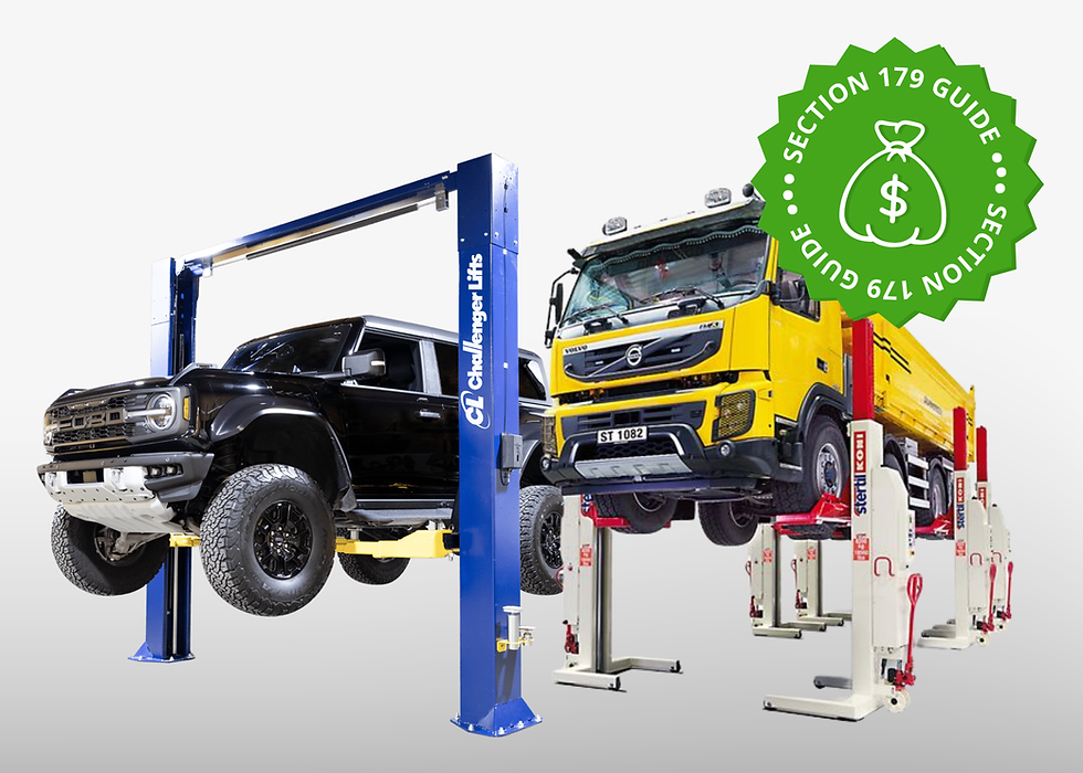 Black pickup and yellow dump truck on vehicle lifts, with a green Section 179 Guide badge on a white background.