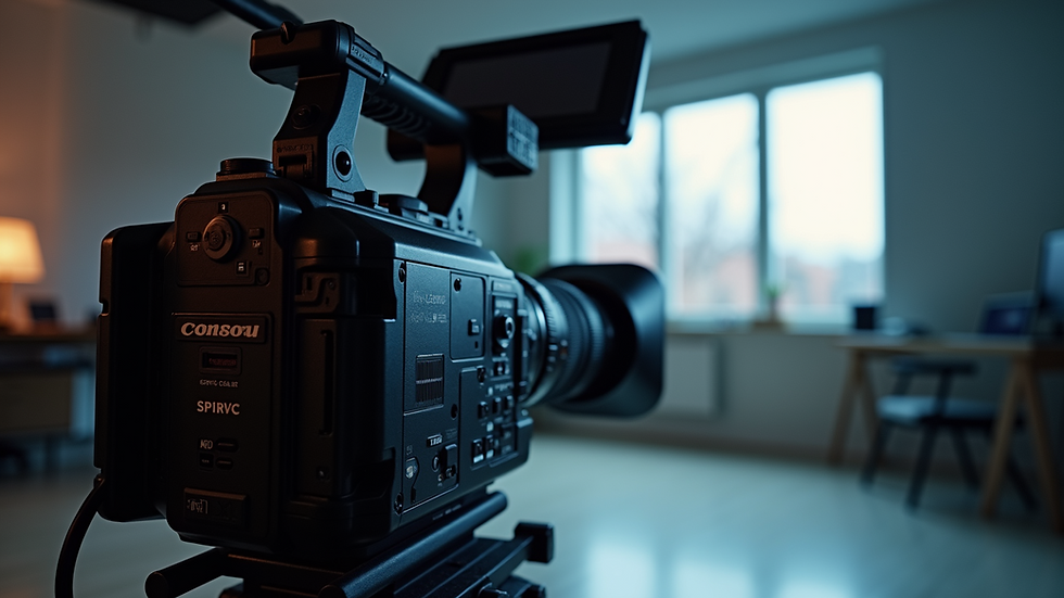 Eye-level view of a professional video camera setup in a studio