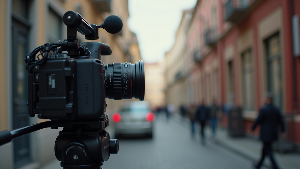 Eye-level view of a professional video camera setup on a tripod