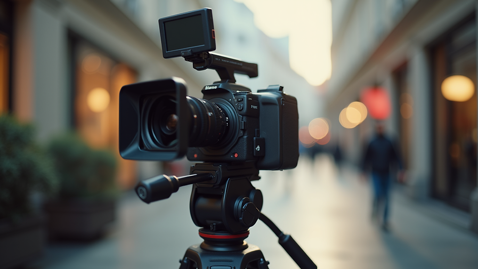 Eye-level view of a professional video camera setup on a tripod