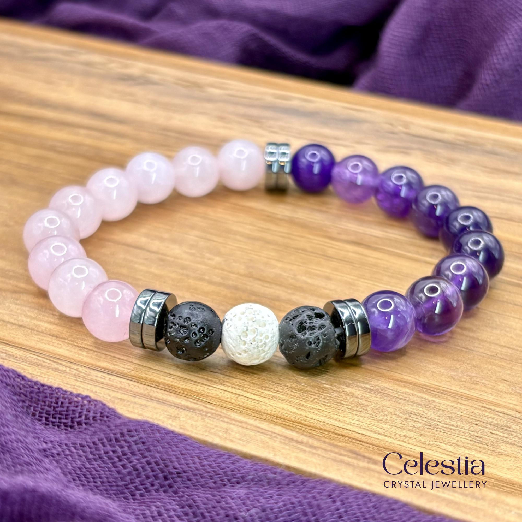 Rose Quartz, Amethyst, Hematite & Lava Bead Bracelet | Natural Gemstone Crystal Fragrance Jewellery