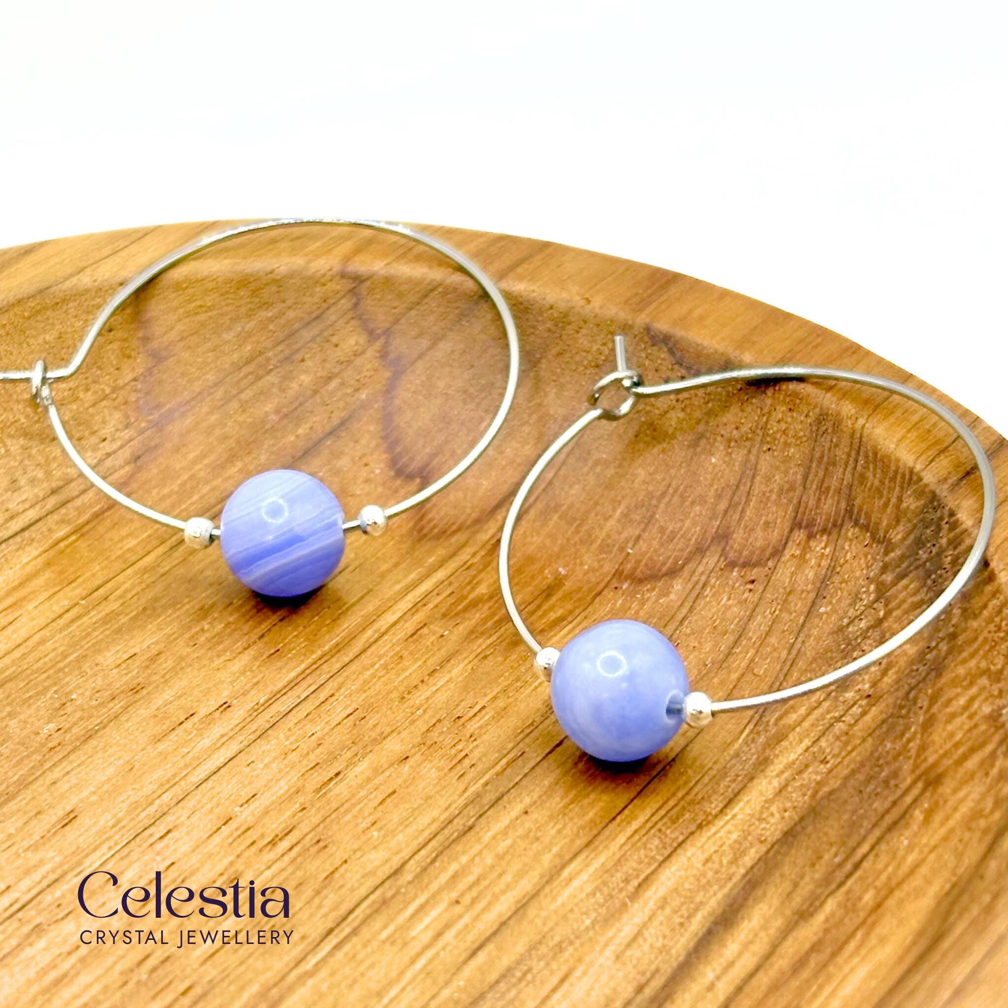 Blue Lace Agate Hoop Earrings | Natural Gemstone & Sterling Silver Jewellery